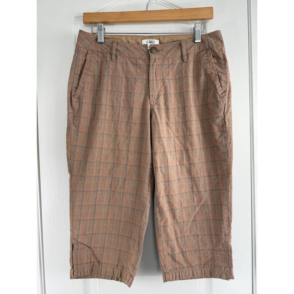 Cato Women's Plaid Capri Pants Tan Orange Blue Cotton Polyester Size 6